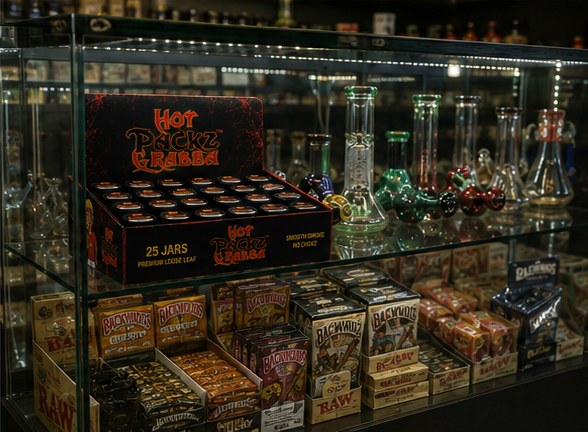 Hot Packz Grabba display inside a glass smoke shop case