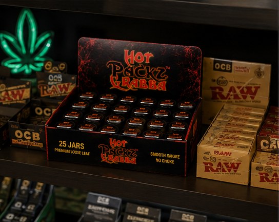 Hot Packz Grabba grabba case on a shelf beside RAW and OCB
