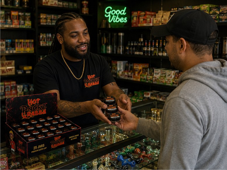 Hot Packz Grabba being handed to a customer at the shop